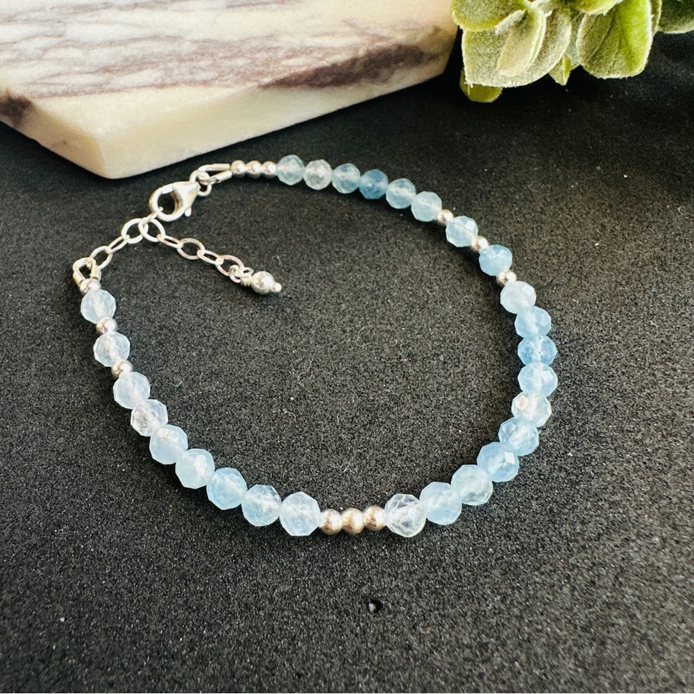 Aquamarine Bracelet Sterling Silver Beaded Gemstone